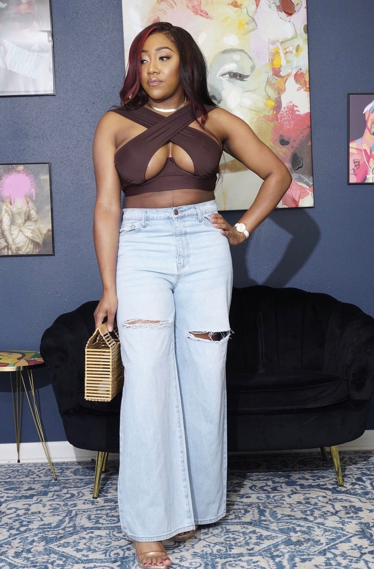 BROWN BABE CROSS WRAP TOP
