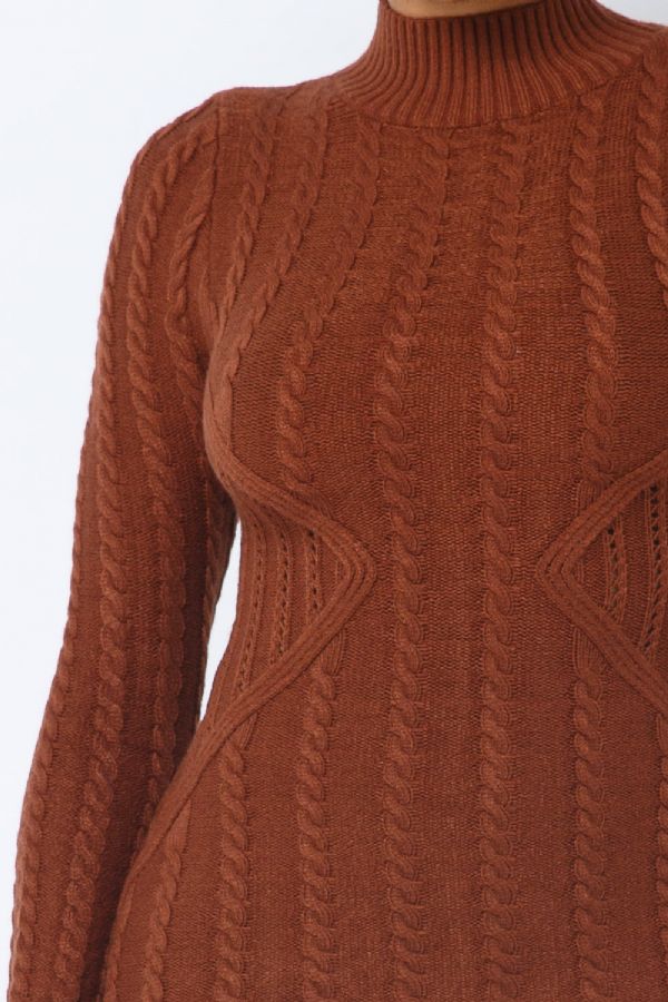 Mock Neck Cable Knit Sweater Dress - Brown