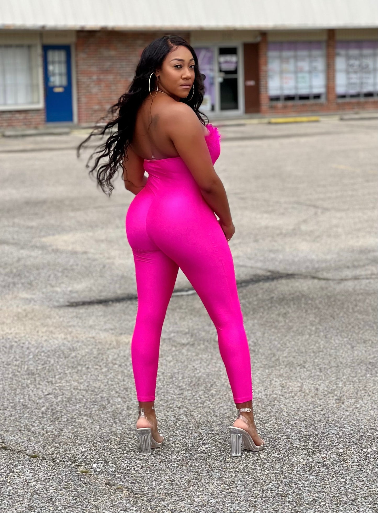 THE PINK PRINT FEATHER JUMPSUIT