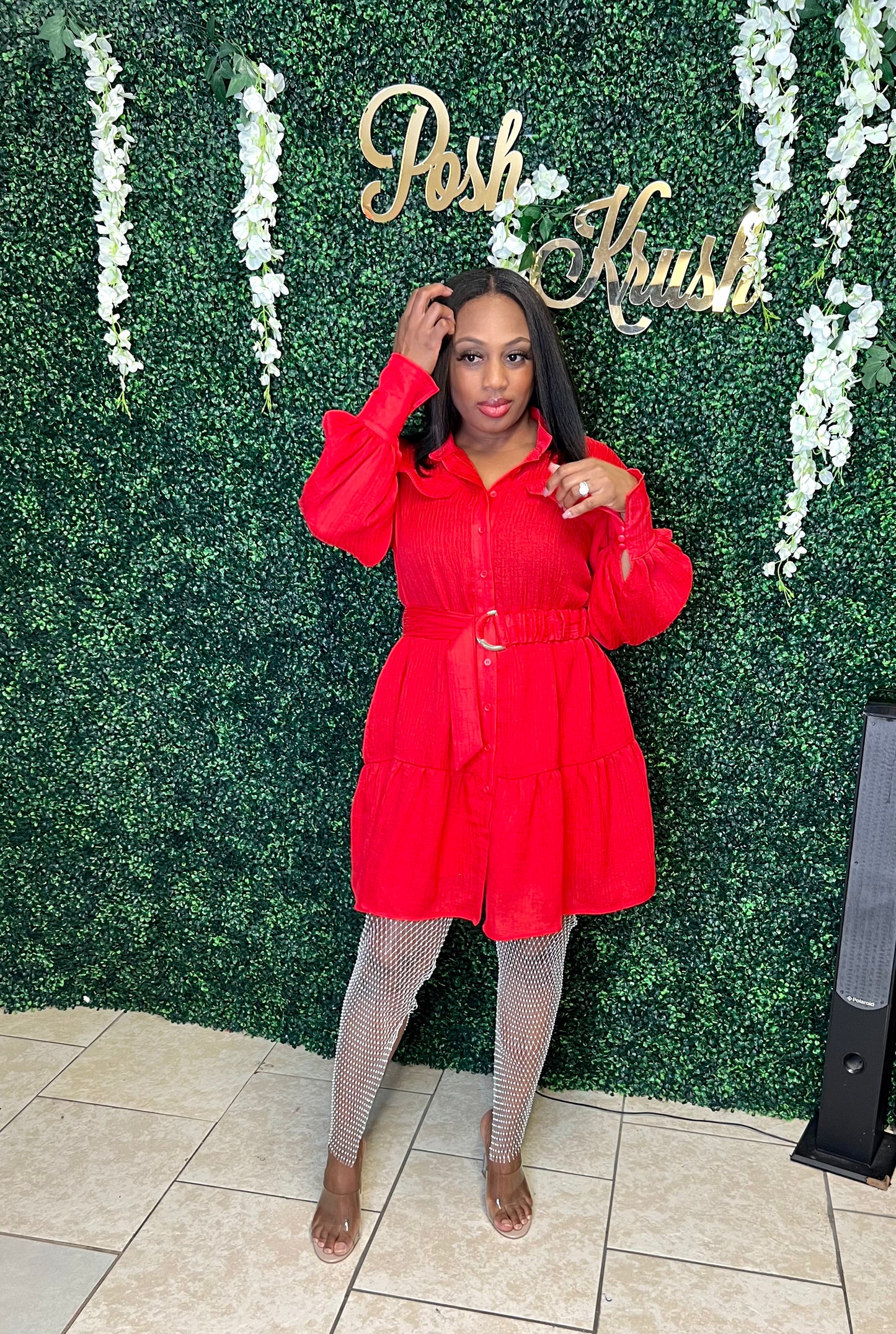 Sweet Dreams Long Sleeve Button Down Belted Dress (red)