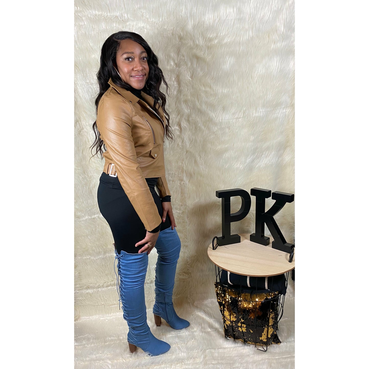 Faux Leather Biker Jacket in Camel