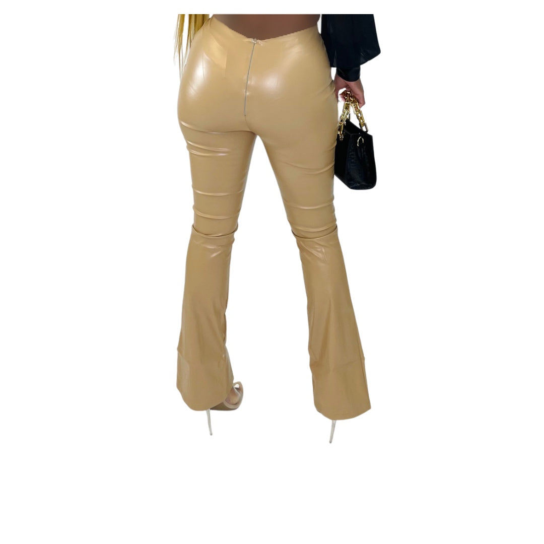 Camel Faux leather Split Front Flare Pants
