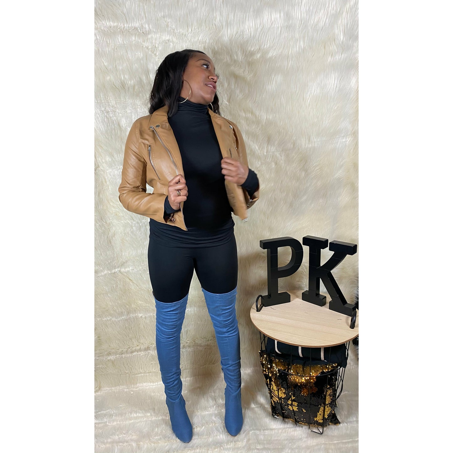 Faux Leather Biker Jacket in Camel