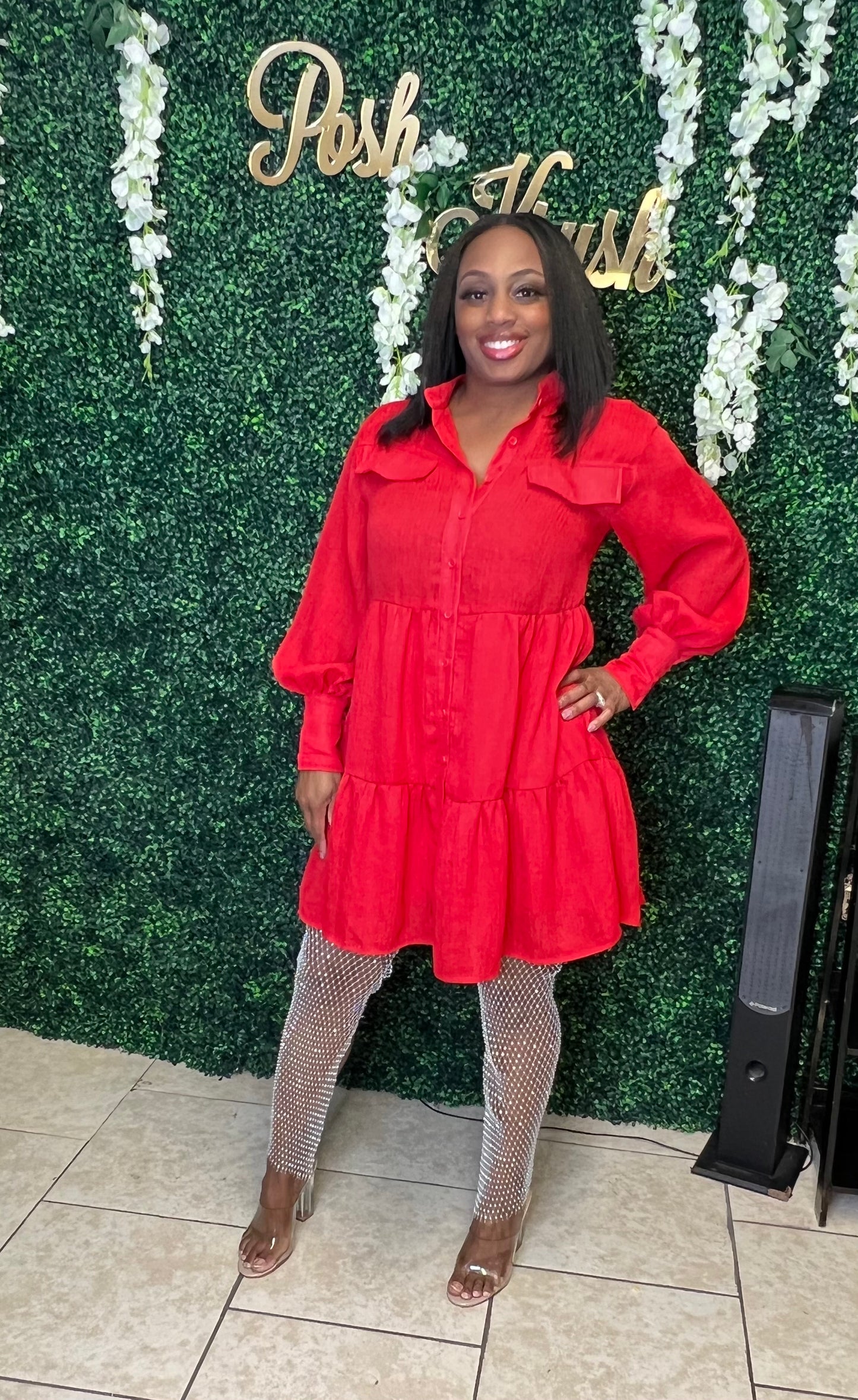 Sweet Dreams Long Sleeve Button Down Belted Dress (red)