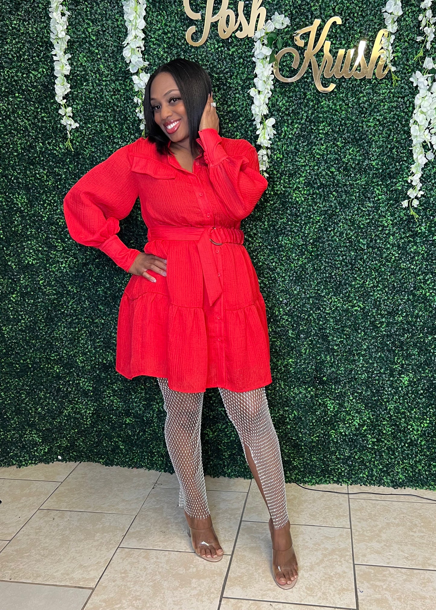 Sweet Dreams Long Sleeve Button Down Belted Dress (red)