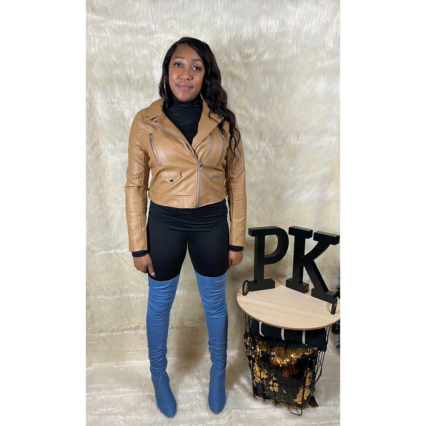 Faux Leather Biker Jacket in Camel