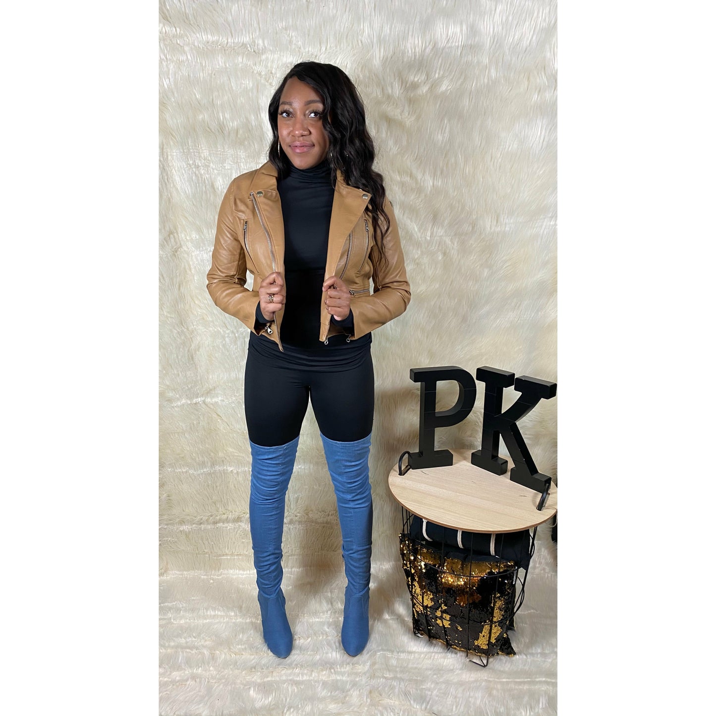Faux Leather Biker Jacket in Camel