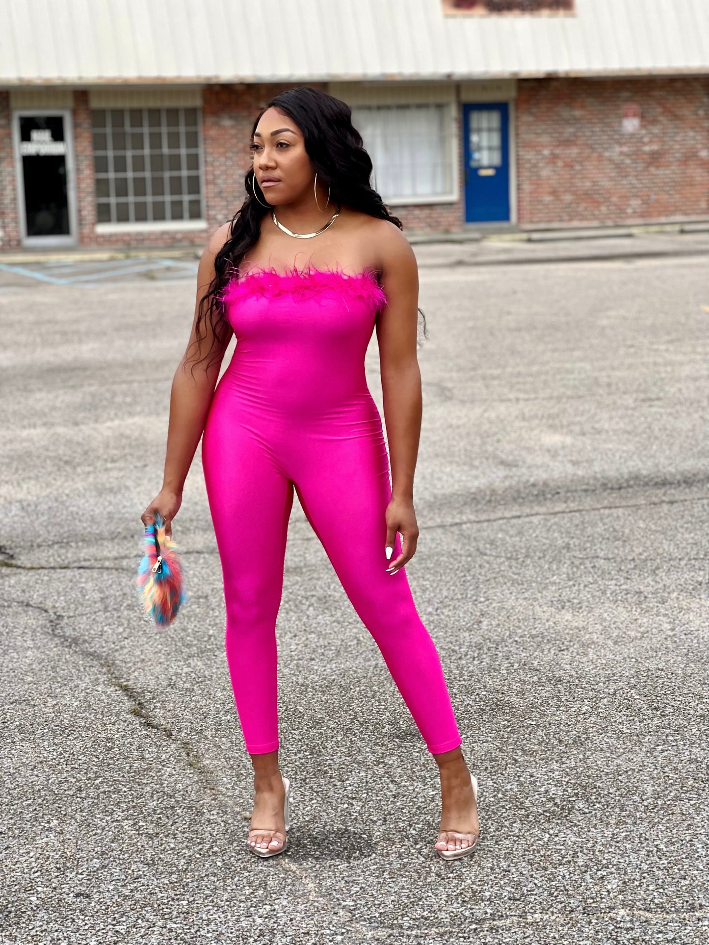 THE PINK PRINT FEATHER JUMPSUIT