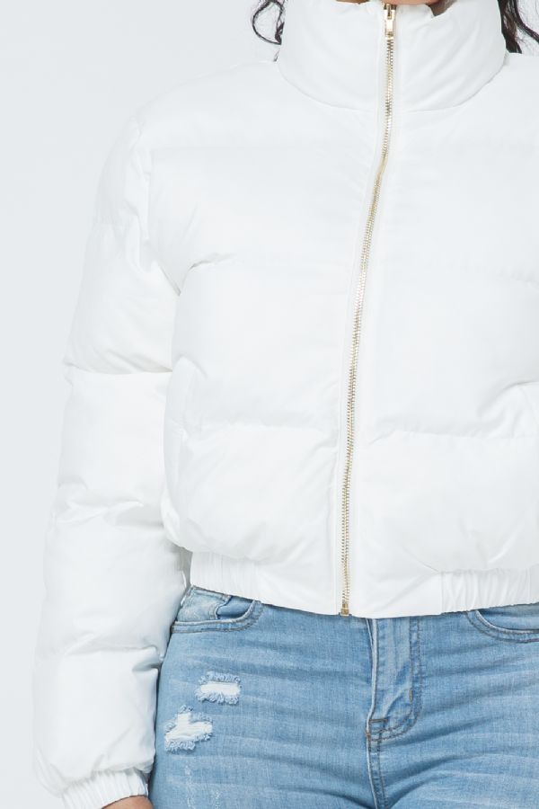 White Crop Zip Up Puffer Jacket