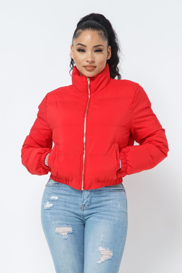 Red Crop Zip Up Puffer Jacket