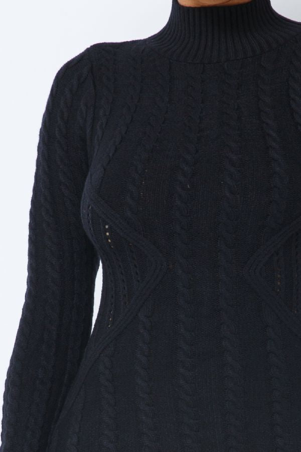 Black Mock Neck Cable Knit Sweater Dress