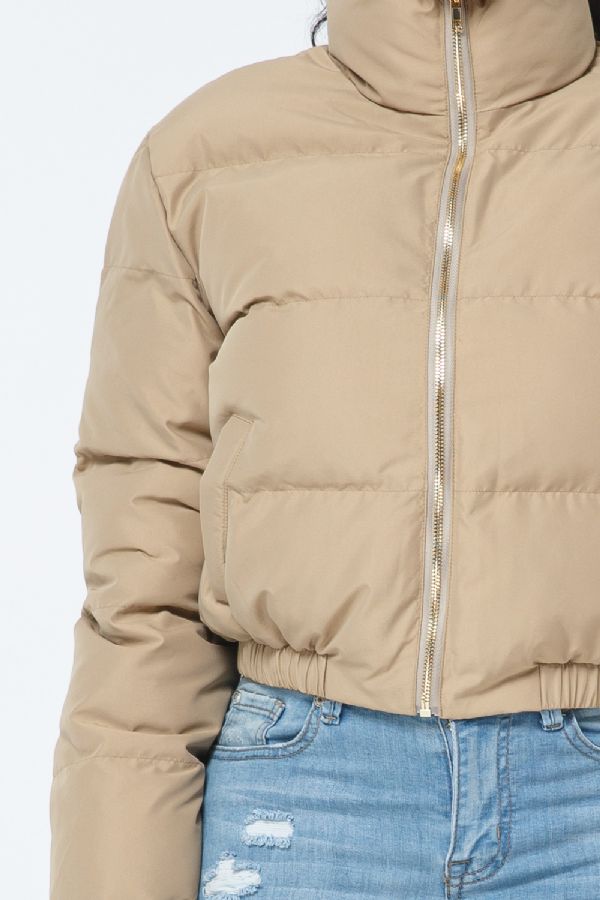 Taupe Crop Zip Up Puffer Jacket