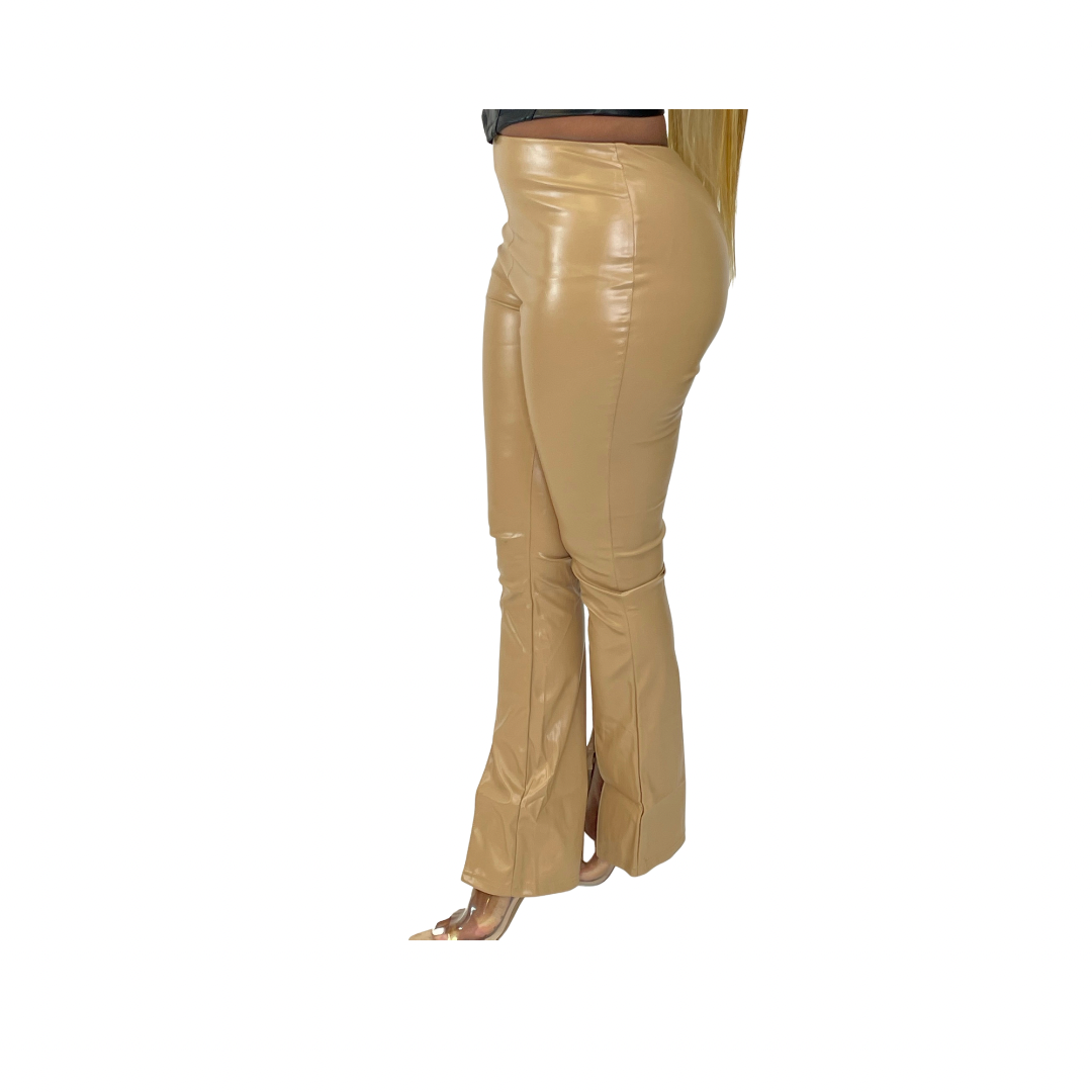 Camel Faux leather Split Front Flare Pants